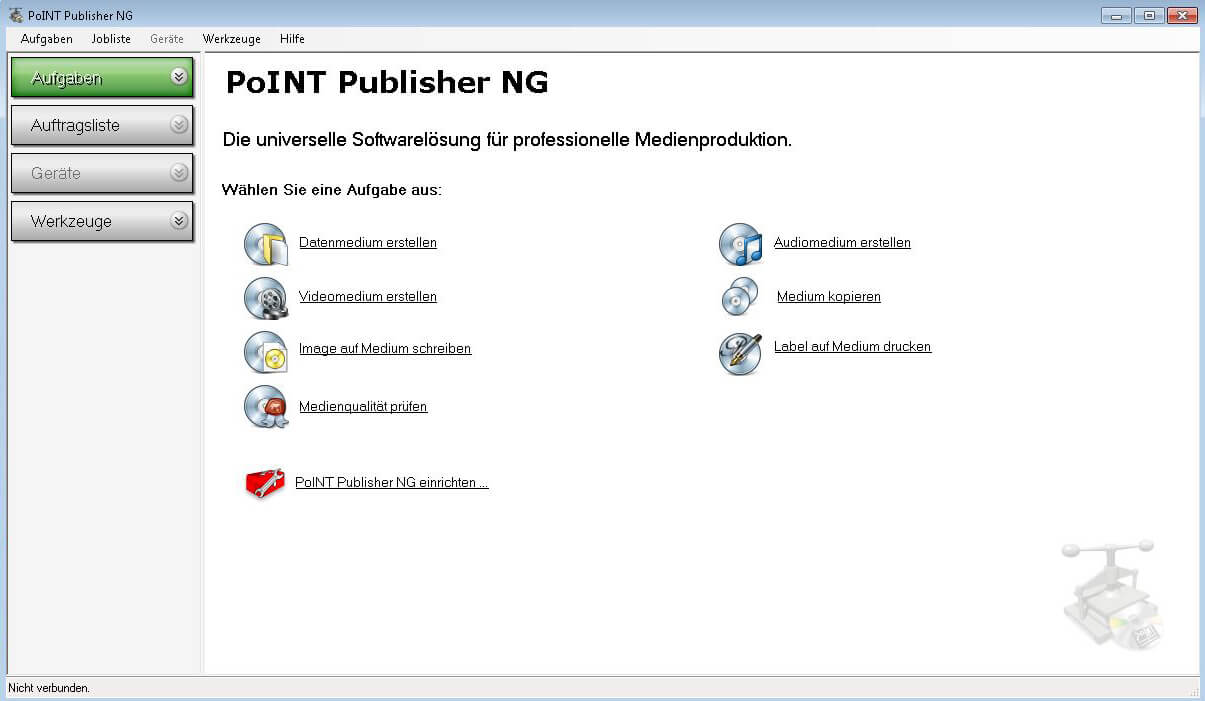 Publisher-Gui-Startseite Das Bild zeigt die Startseite der Software PoINT Publisher NG, der Medien produziert.