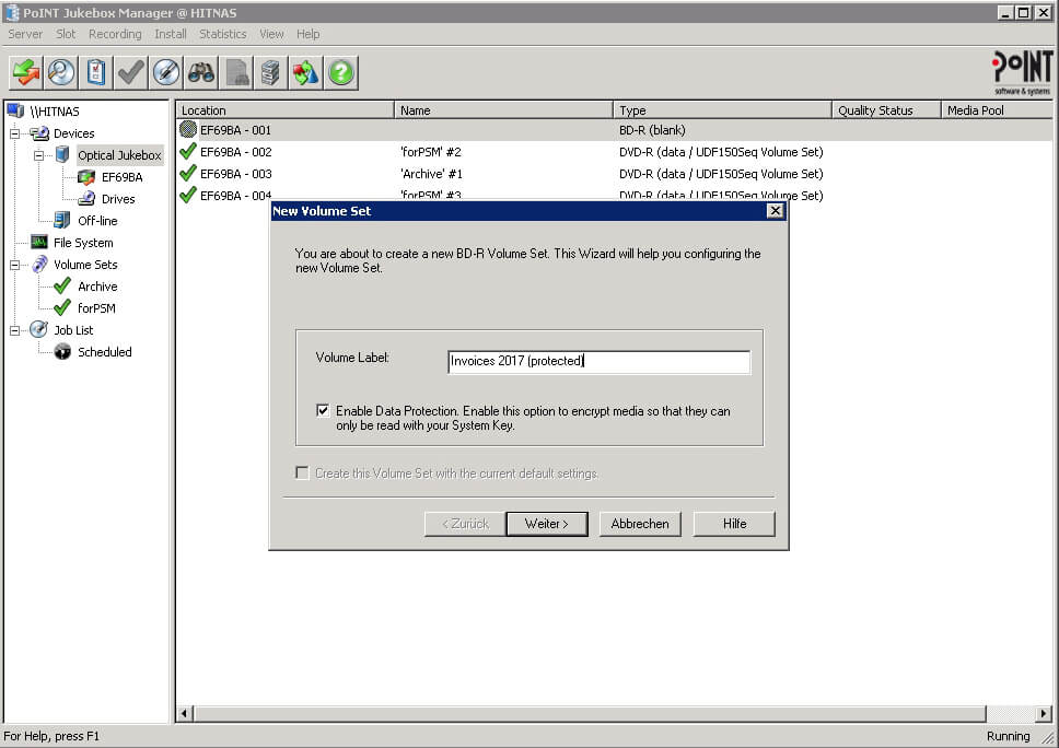 In order to set "Data Protection" on the PoINT Jukebox Manager, as shown here, only one check mark must be set.